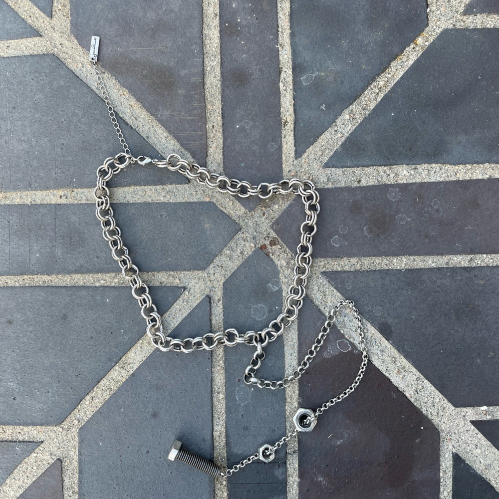 Silver Link Choker + Long Chain Necklace, Nut Pendent